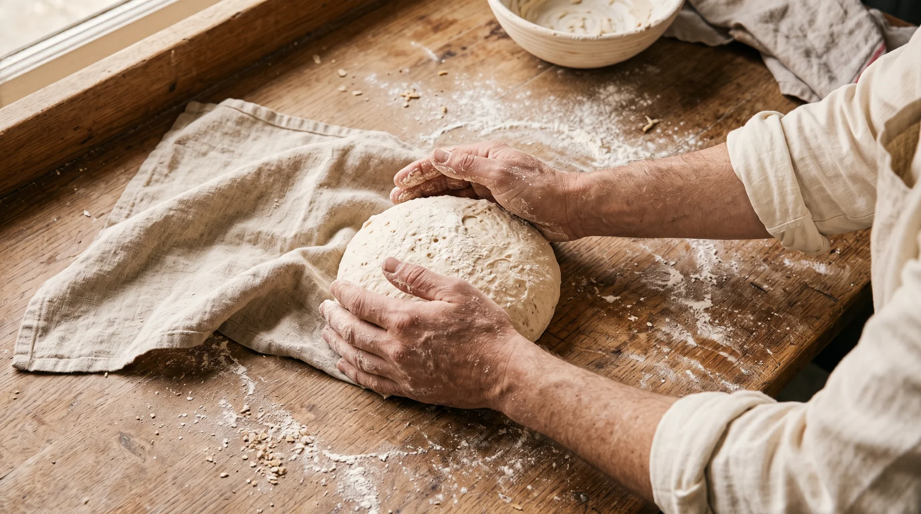 Floury hands shaping a round of sourdough on a wooden bench