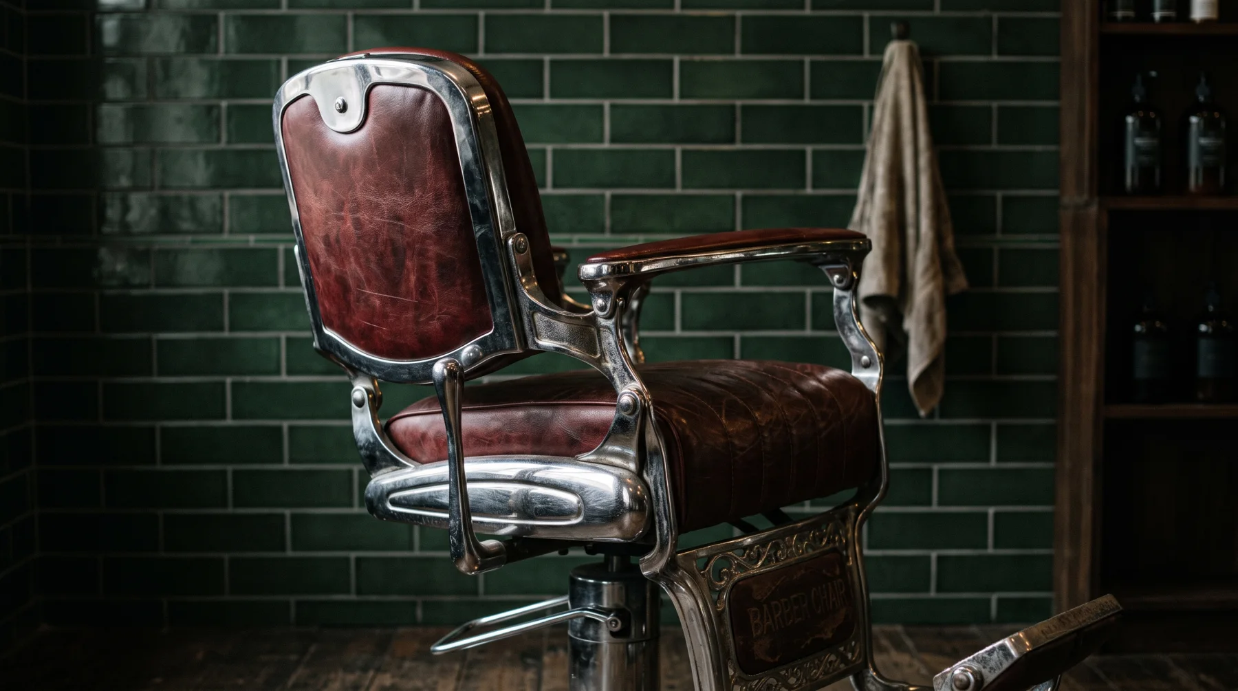 An oxblood leather barber chair with chrome arms against a dark green tiled wall