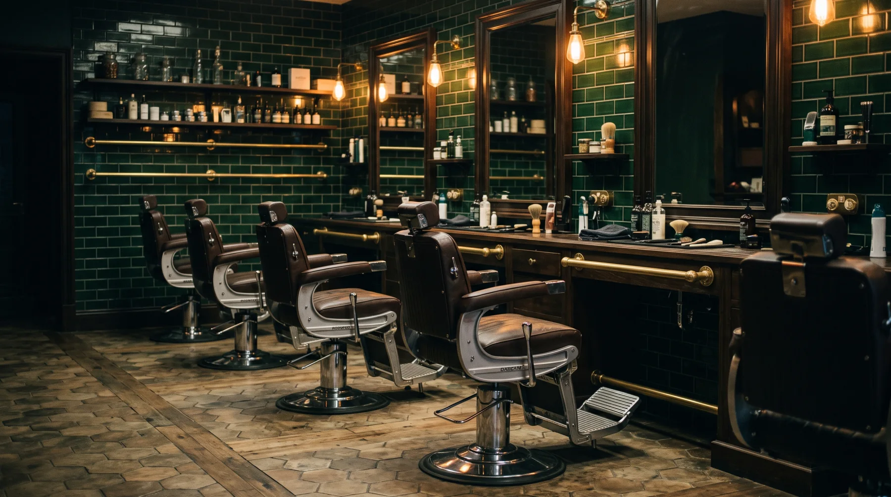 A dark barbershop interior with leather chairs, green tile and brass fittings