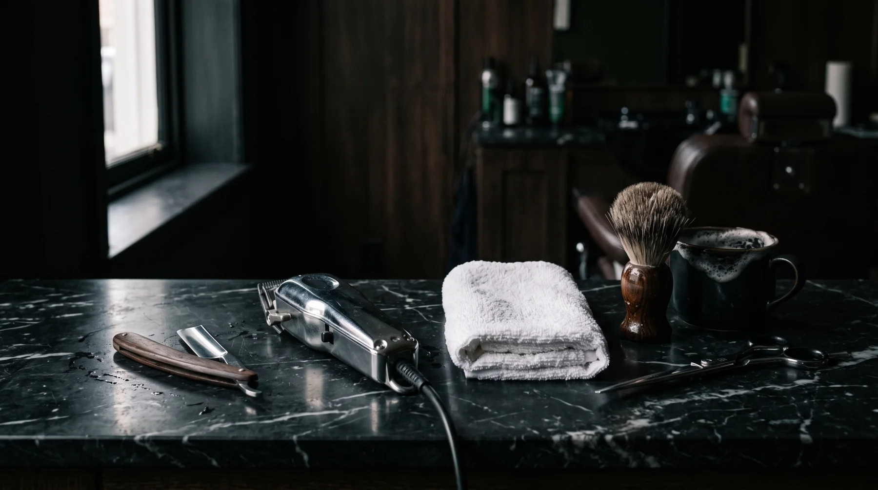 A straight razor, chrome clippers, brush and folded hot towel on a black marble counter