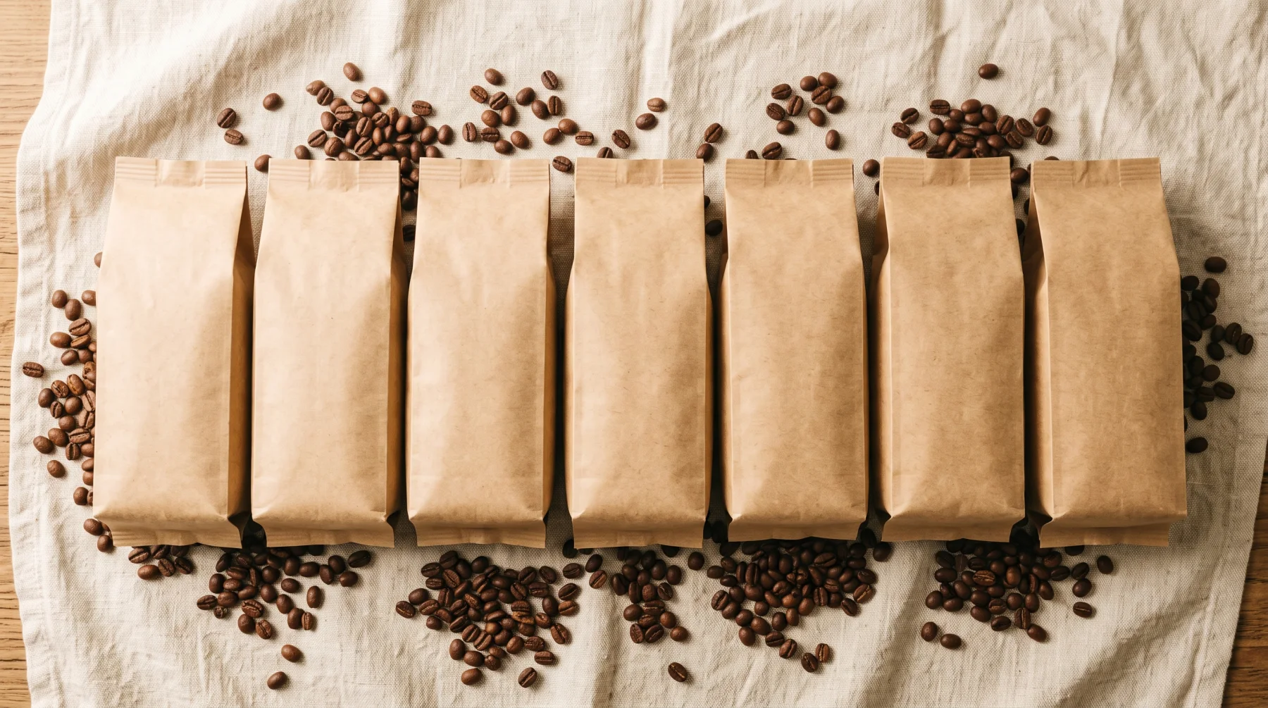 Plain kraft coffee bags in a row with roasted beans scattered on linen
