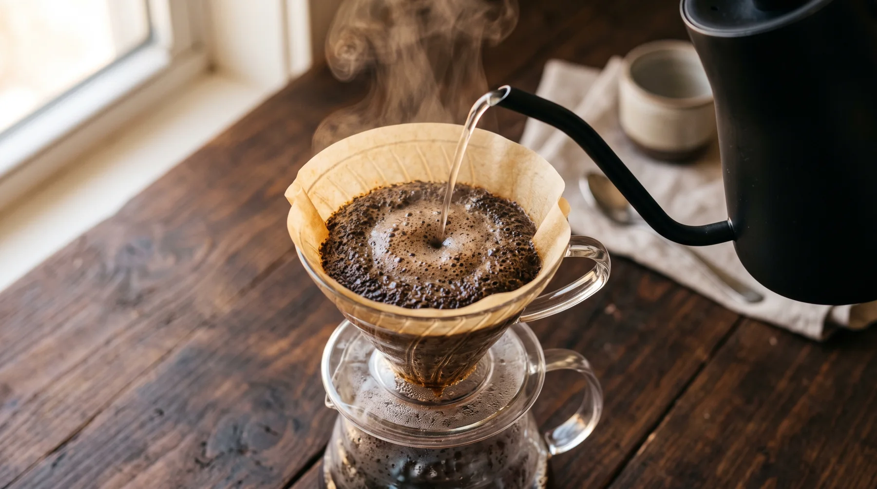 A gooseneck kettle pouring water over a blooming bed of coffee