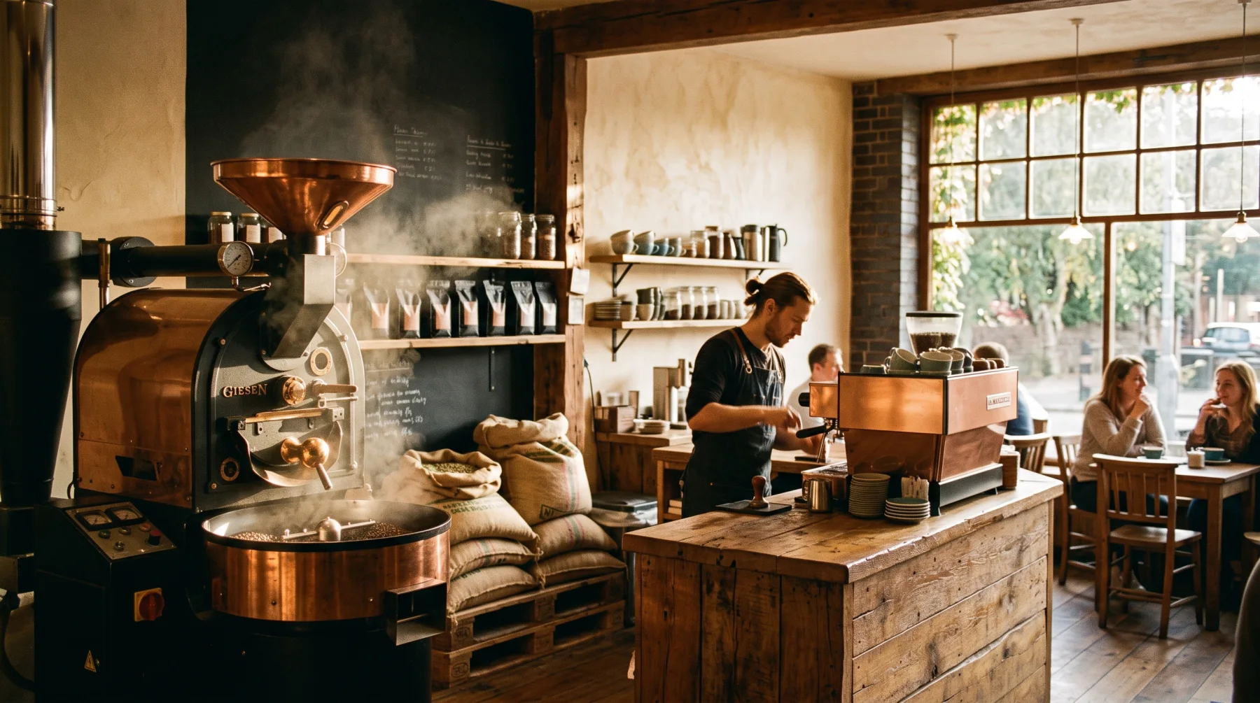 Warm roastery interior with a copper drum roaster and sacks of green coffee