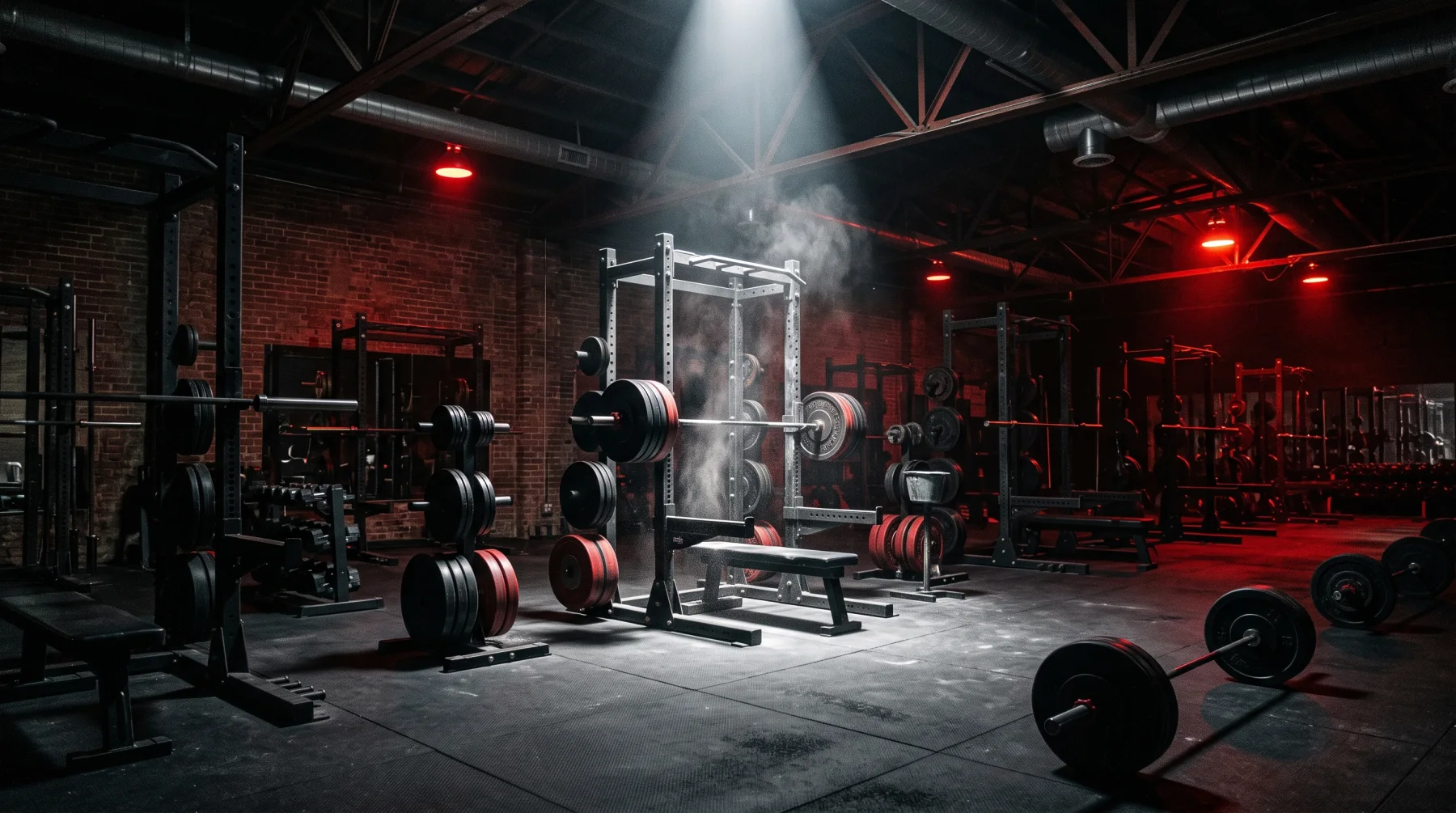Dark strength and conditioning gym floor with loaded barbells in a hard beam of light