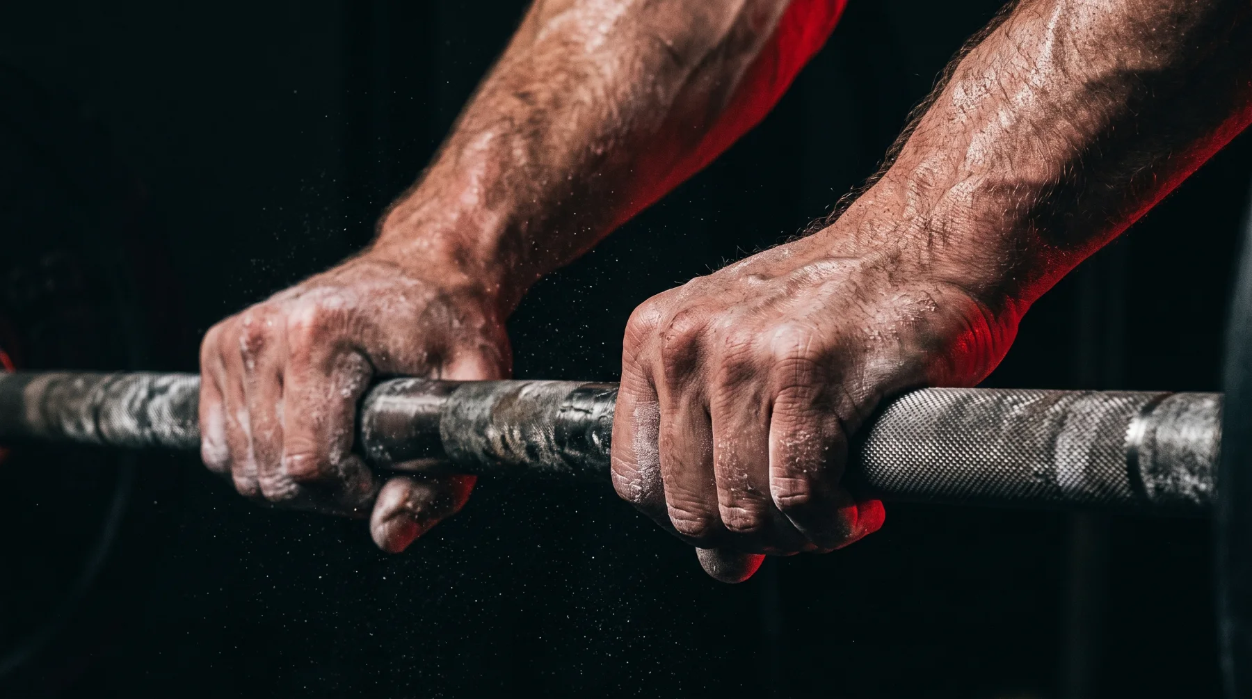 Chalked hands gripping a knurled steel barbell in hard red light