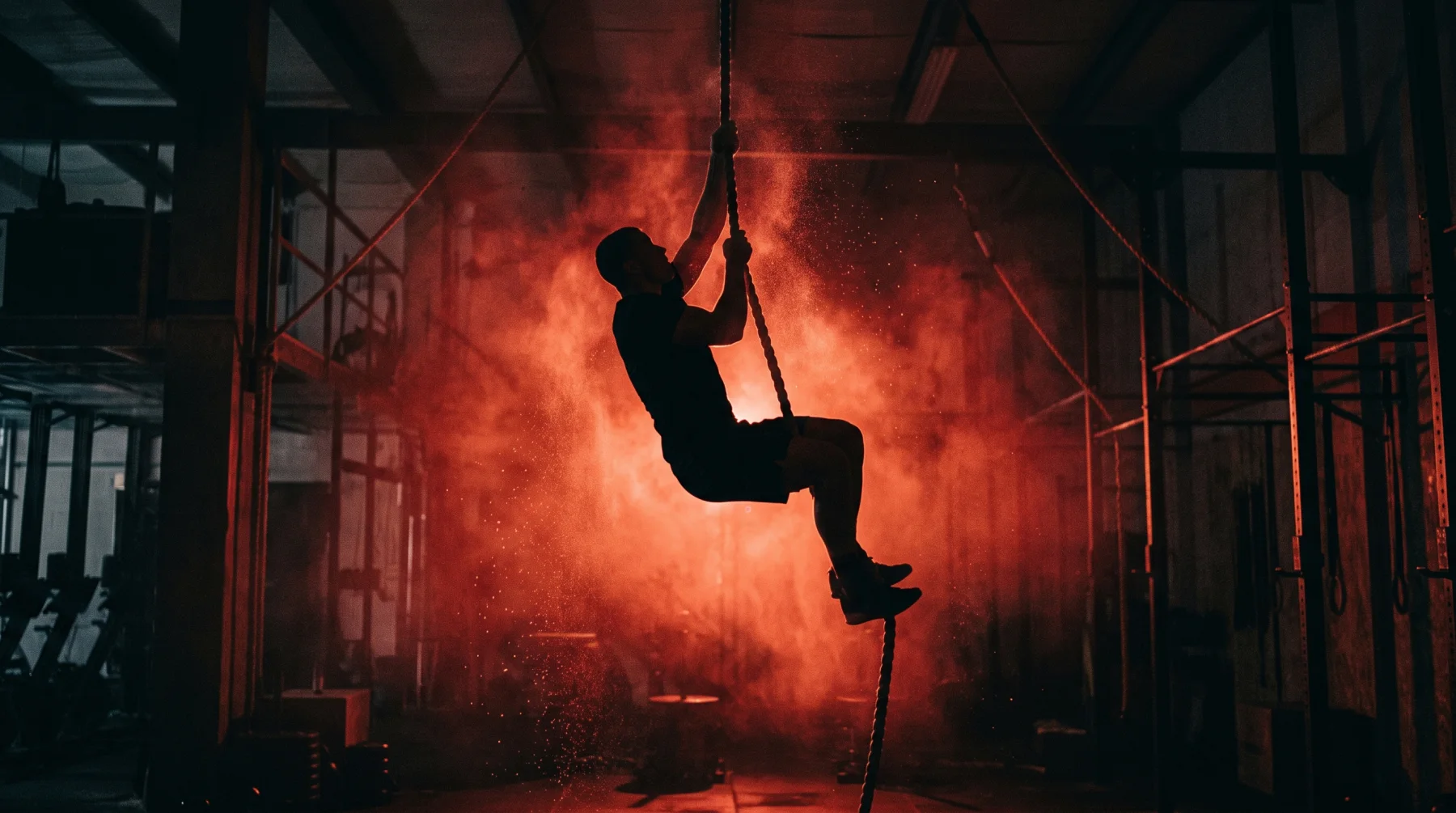 A silhouetted athlete climbing a rope in a dark gym lit by red haze