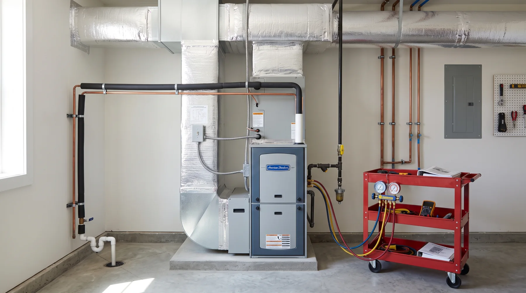 A clean furnace and air handler installation in a utility room