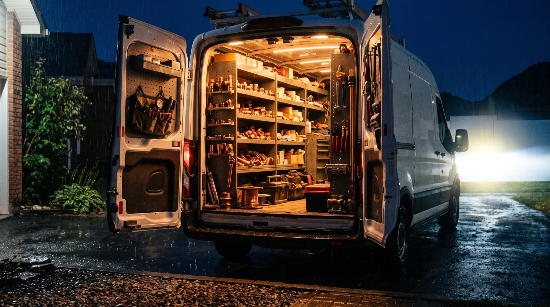 A stocked service van open on a driveway at night