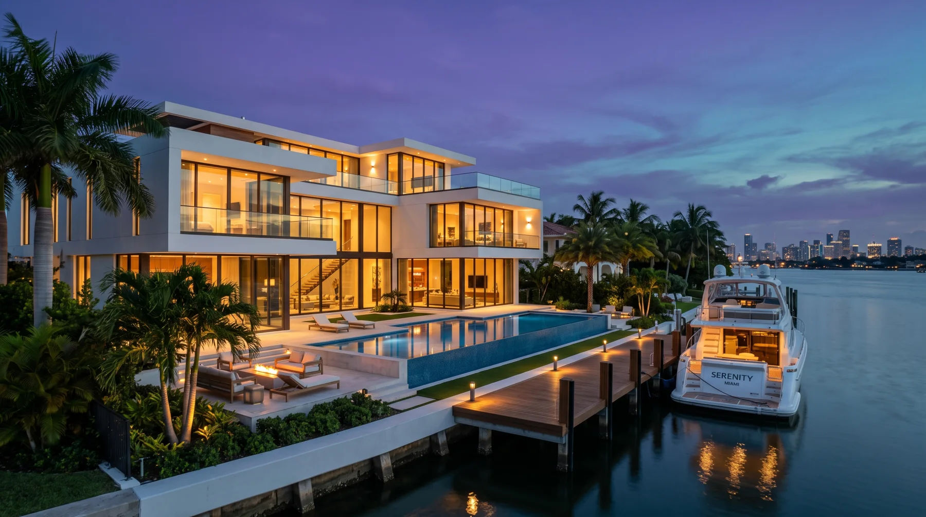 A waterfront mansion at blue hour with a lit pool, a dock and a yacht against the Miami skyline