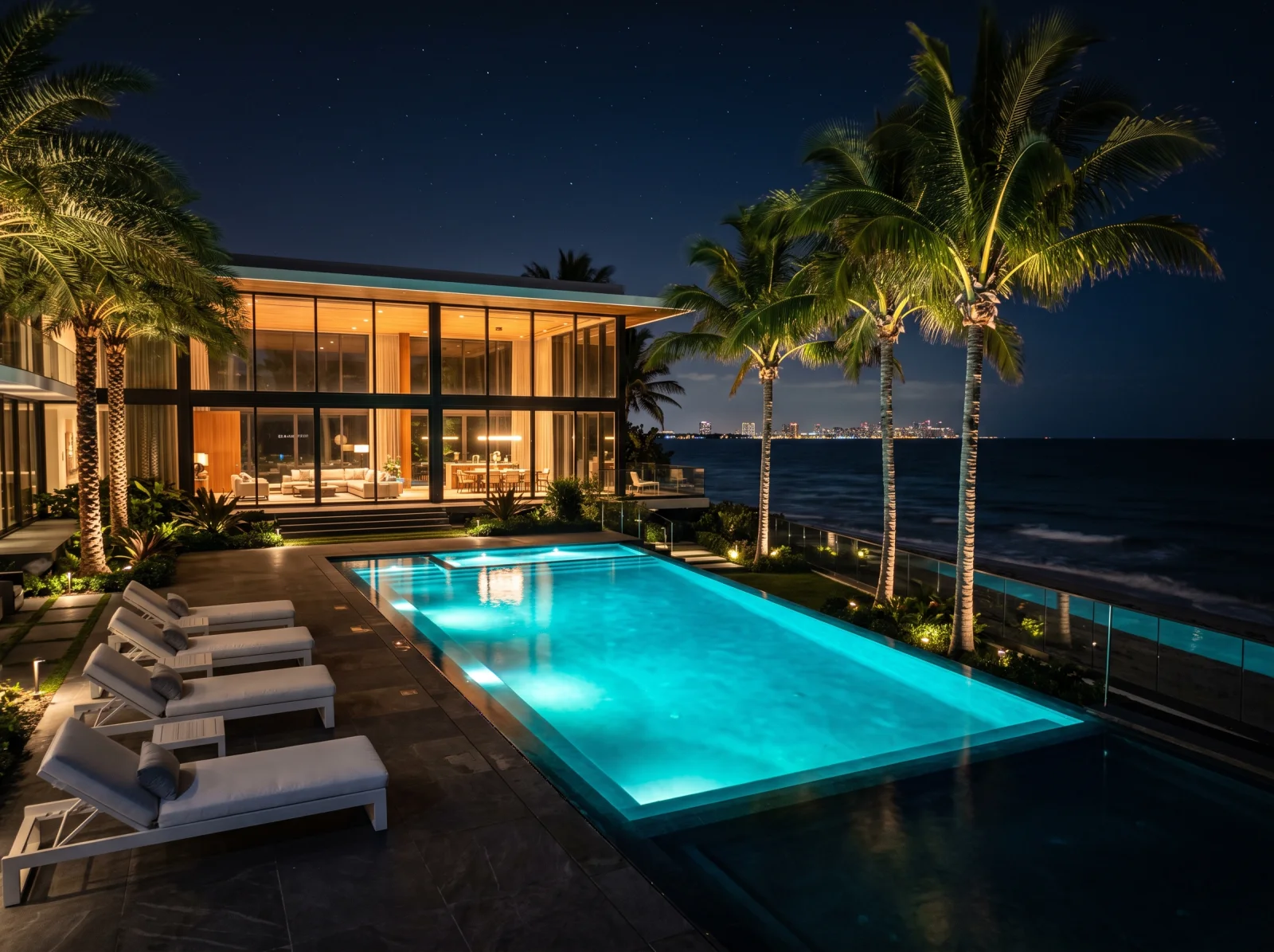 A pool terrace at night, lit turquoise, palms above the water