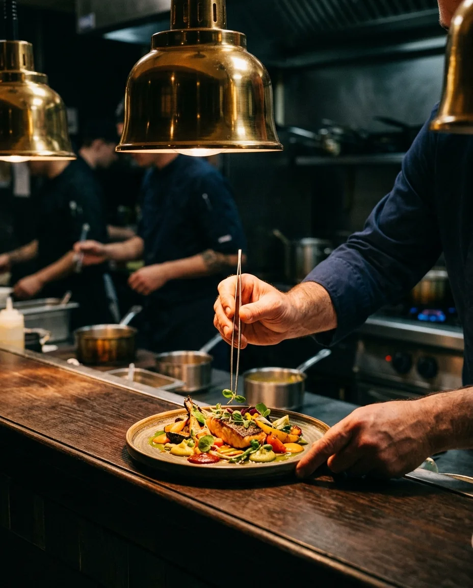 A chef plating a dish at the pass under brass heat lamps
