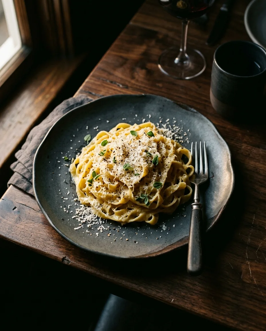 Tagliatelle cacio e pepe on a dark ceramic plate