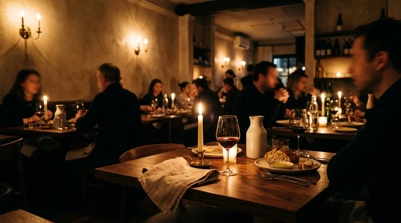 Candlelit dining room of an Italian osteria at night