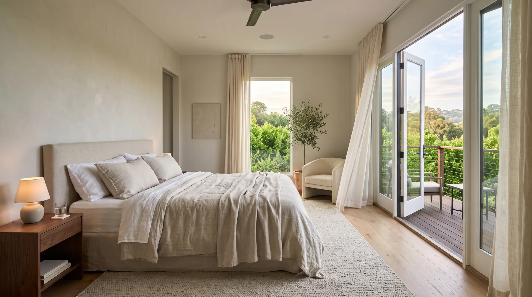 A calm bedroom suite with balcony doors open to a green view