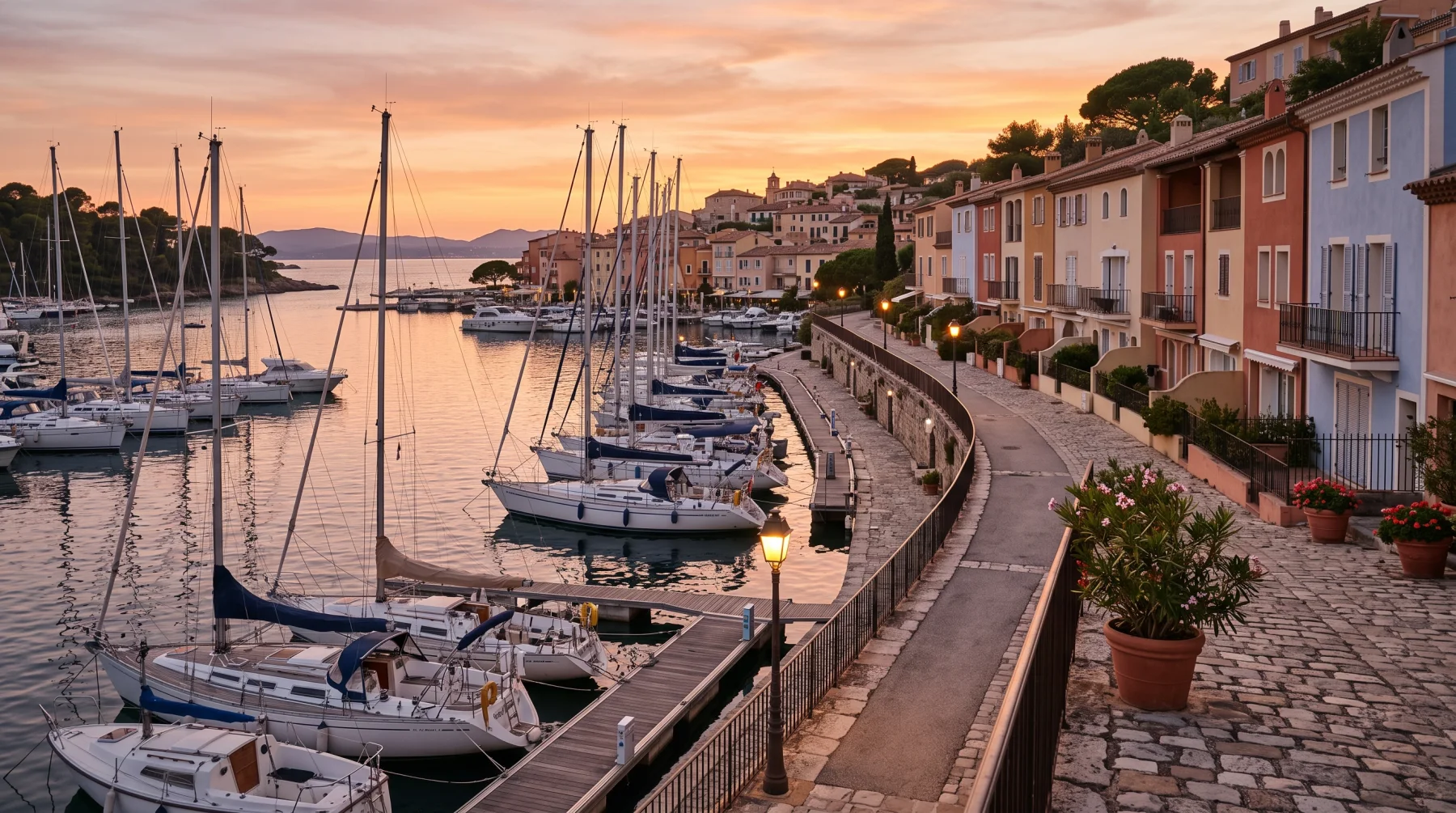 A harbour marina at golden hour with sailing boats