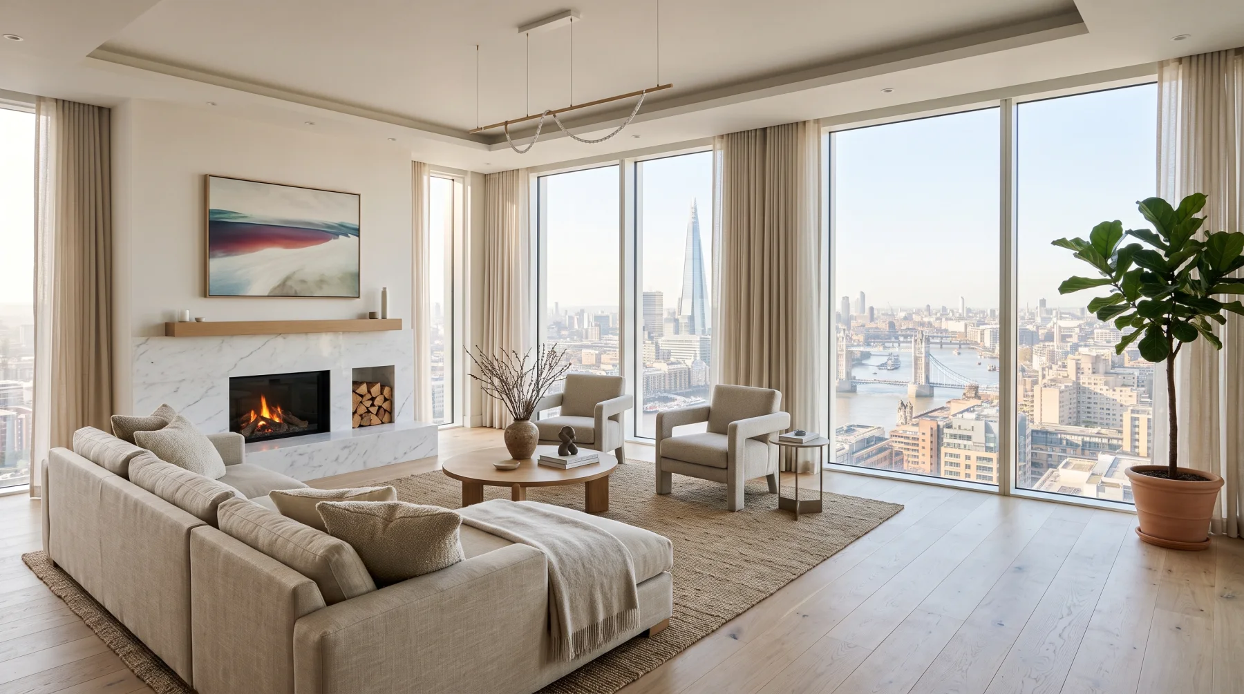 A bright living room with tall windows over the city