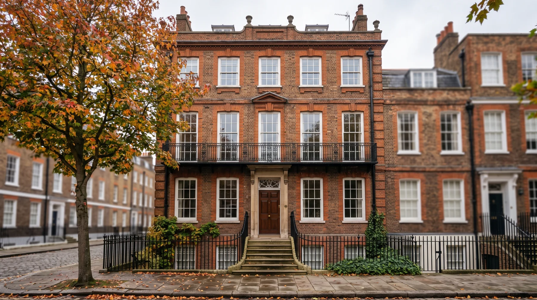 An elegant historic brick townhouse facade