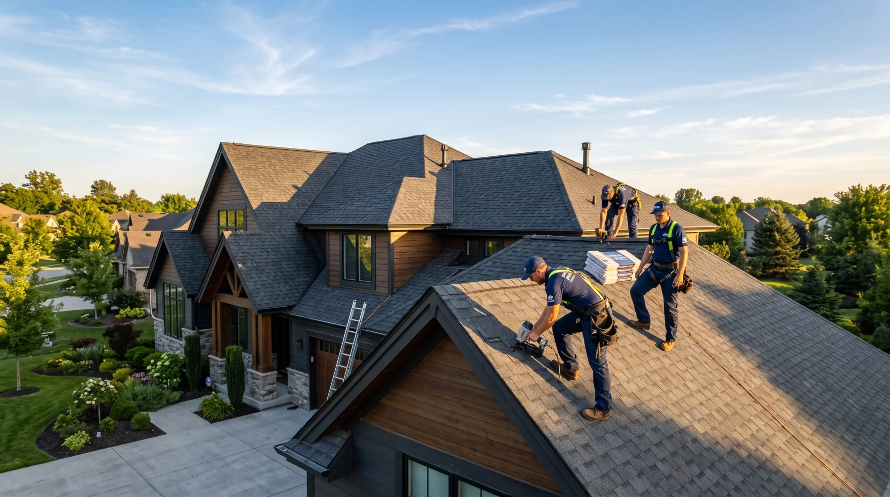 Roofing crew finishing a new shingle roof