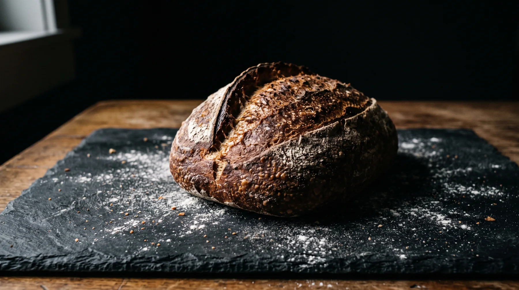A rustic loaf and scattered flour on dark slate