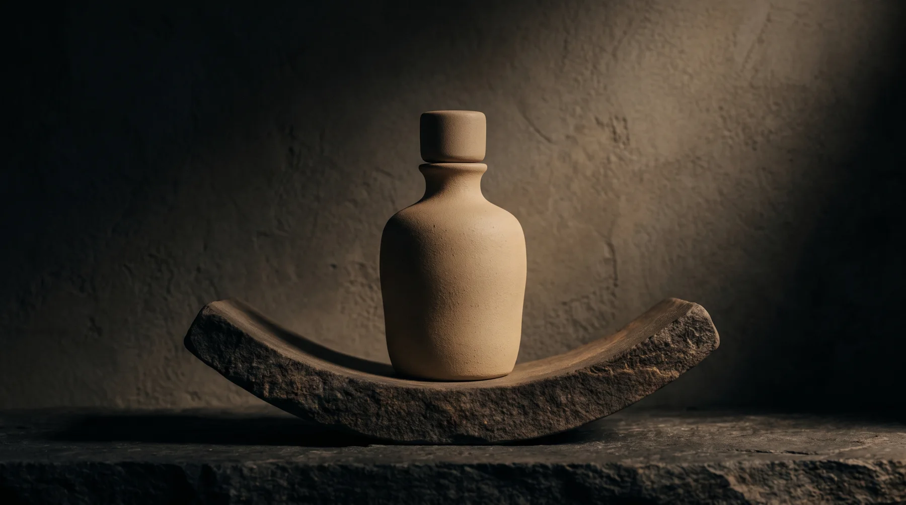 A ceramic bottle lit hard against a deep shadow