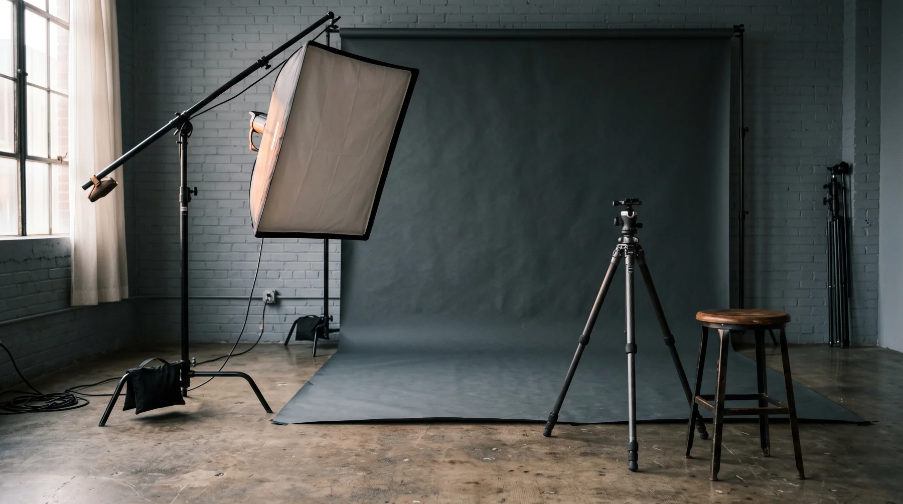 The Sable Studio floor, seamless backdrop and light stands