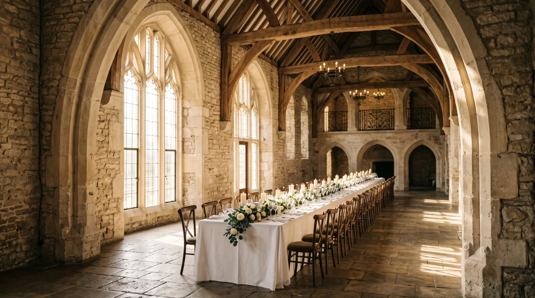 The stone hall with arched windows and a long banquet table