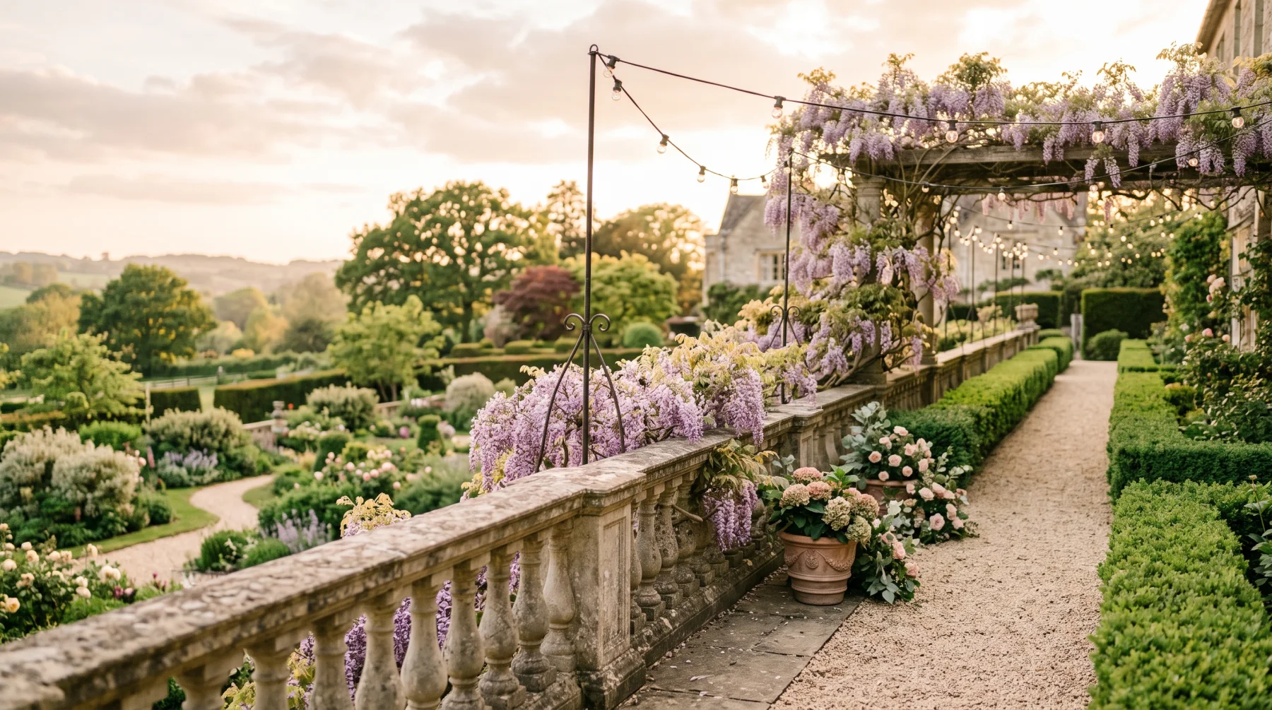 A garden terrace with a stone balustrade and climbing wisteria