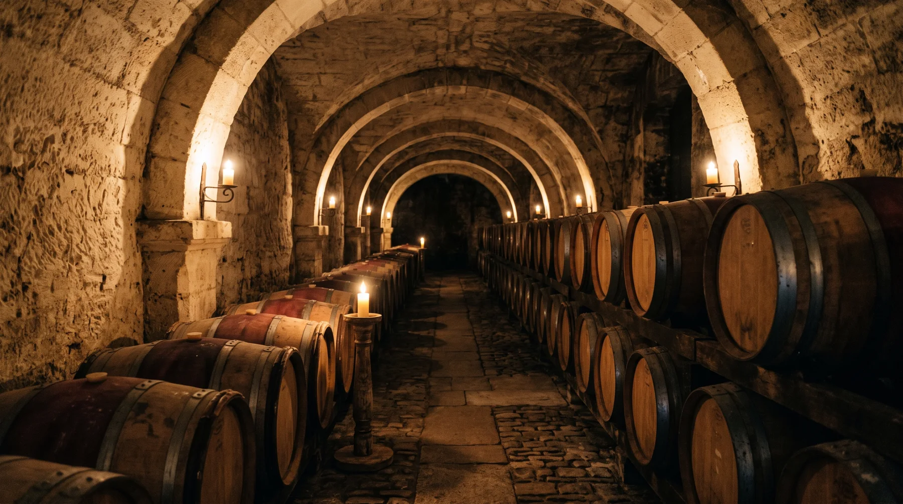 Oak barrels in a vaulted stone cellar lit by candlelight