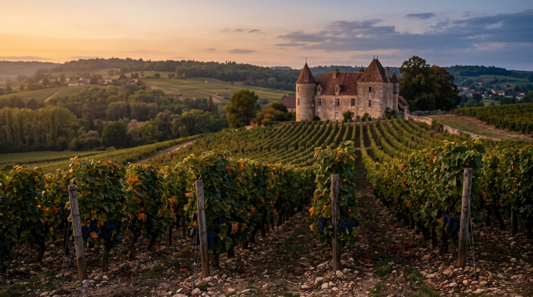 Vineyard rows on a limestone slope at dusk with a stone estate behind